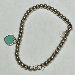 Tiffany & Co Sterling Silver Mini Heart Turquoise Tag Bead Bracelet 6 1/2 RARE