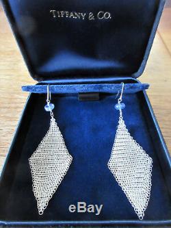 Tiffany Sterling Silver Mesh Peretti Earrings with Sapphire Beads 3.25 Drop RARE