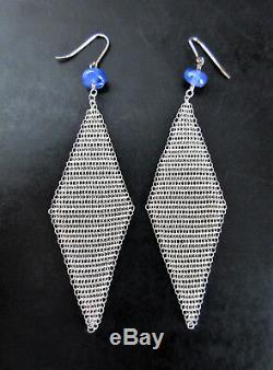 Tiffany Sterling Silver Mesh Peretti Earrings with Sapphire Beads 3.25 Drop RARE