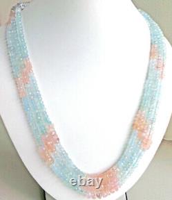 Top Rare 3 Line Santa Maria Aquamarine Morganite Necklace Shaded Bead 17.5 Inch
