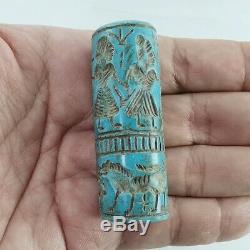 Turquoise Cylinder Seal Bead Near Eastern Rare Old Blue Green Stone #431