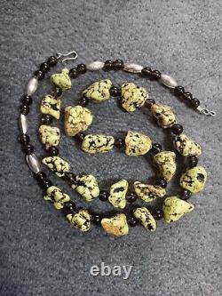 Ultra Rare Gaspeite And Smoky Quartz Necklace With Sterling 925 Bench Made Beads