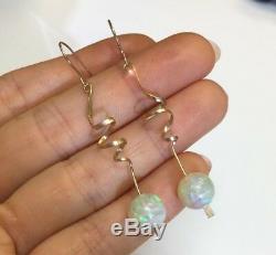 Unique! Rare Natural 8CT Australian Opal Bead 14K Gold Spiral Drop Earrings