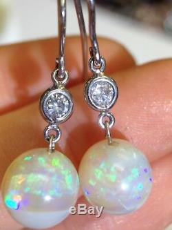 Unique! Rare Natural 9CT Australian Opal Bead and Diamond 14K Gold Earrings