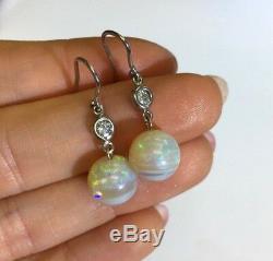 Unique! Rare Natural 9CT Australian Opal Bead and Diamond 14K Gold Earrings