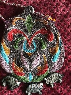 Unusal & Rare 1910's French micro beaded purse 3 elephants pendant &pink stone