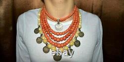 VTG 19th Necklace Undyed Pressed Coral Powder Dukach Silver 96g Rare Antiqua Old