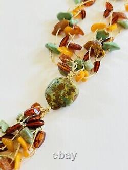 VTG Natural Turquoise Baltic Amber Beaded Necklace Genuine Collar Tassel Rare