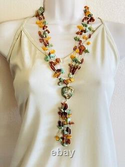 VTG Natural Turquoise Baltic Amber Beaded Necklace Genuine Collar Tassel Rare