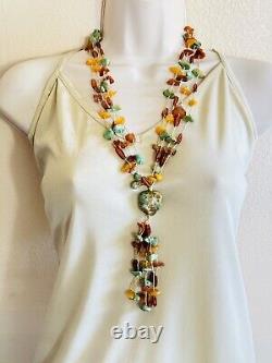 VTG Natural Turquoise Baltic Amber Beaded Necklace Genuine Collar Tassel Rare