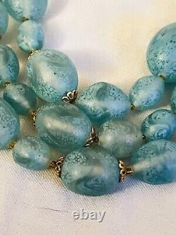 VTG Necklace Beaded Beads art Glass Multi Collar Rare Blue Frost tripple strand