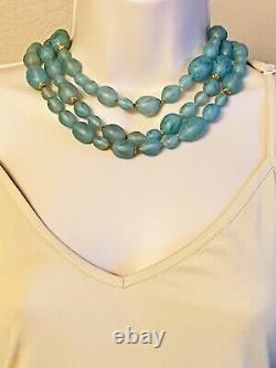 VTG Necklace Beaded Beads art Glass Multi Collar Rare Blue Frost tripple strand