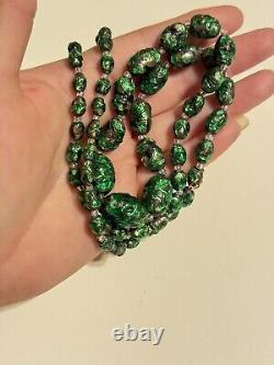 VTG Necklace Green Venetian Murano Art Glass Gold Foil Fleck Sommerso Beads Rare