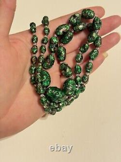VTG Necklace Green Venetian Murano Art Glass Gold Foil Fleck Sommerso Beads Rare