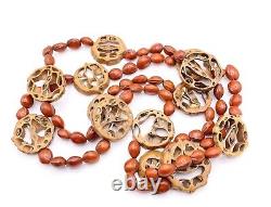 Vintage Chinese Hand Carved Walnut Tree Seed Bead Long Necklace RARE