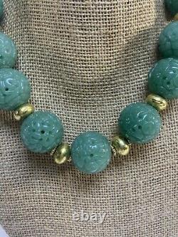 Vintage Estate 18k Yellow Gold Large Hand Craft Jade Ball Necklace Rare