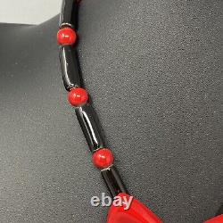 Vintage Flying Colors Necklace Red Bow Black Ceramic Hand Painted Rare 1980s 19