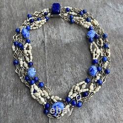 Vintage Hattie Carnegie 4 Strand Necklace 20 Rare Gold Tone Blue Beads