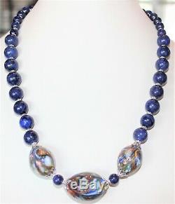 Vintage Italian Murano Rare Glass Beads Lapis Lazuli Stone Necklace 925 J243
