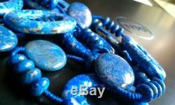 Vintage Lapis Lazuli Natural Stone Necklace Rare LG 1.5 Carved Rings Coins 32L