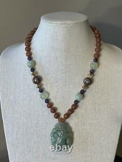 Vintage Les Bearnard Inc. Jadeite Pendant Bead Necklace Rare Beauty