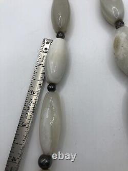 Vintage Massive Rare Beige Gemstone Agate Long beaded Necklace/sterling Silver