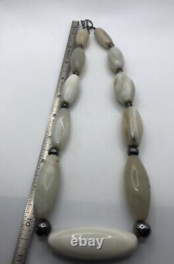 Vintage Massive Rare Beige Gemstone Agate Long beaded Necklace/sterling Silver