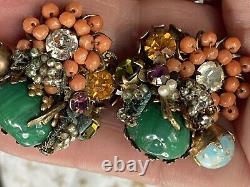 Vintage Miriam Haskell Clip On Earrings Multi Stone- Super Rare! Very Early