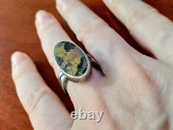 Vintage Modernist Brutalist Sterling Silver & Unusual Rare Stone Heavy Huge Ring