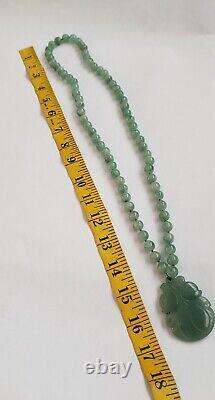 Vintage Necklace Green Stone Beads Retro Rare Collectible Carved Pendant
