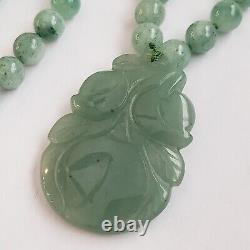 Vintage Necklace Green Stone Beads Retro Rare Collectible Carved Pendant