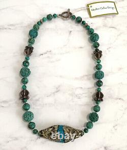 Vintage Necklace Tibetan Sterling Silver Carved Turquoise Beads Rare Unique