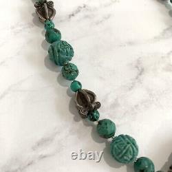 Vintage Necklace Tibetan Sterling Silver Carved Turquoise Beads Rare Unique
