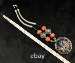 Vintage Rare Silver Plated Necklace With Coral Turquoise & Black Agate Stone