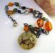 Vintage Rare Sterling Silver Carved Jade Amber Peridot Quartz Pearl Necklace