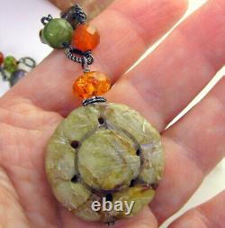Vintage Rare Sterling Silver Carved Jade Amber Peridot Quartz Pearl Necklace