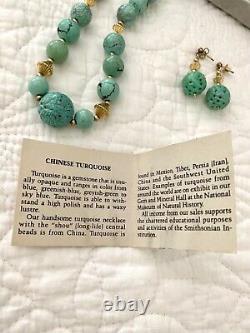 Vintage Smithsonian Chinese Turquoise Gemstone Necklace Carved Earrings RARE SET
