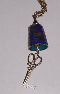 Vintage Thimble Bell Cloisonne Enamel Necklace 34 Goldtone Bird Scissor Ringer