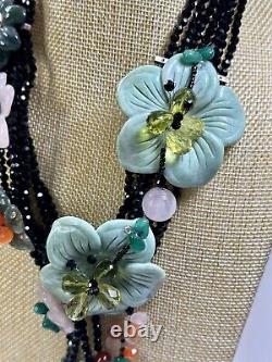 Vintage semi precious stone necklace Sterling Flowers Jade Amethyst Rare