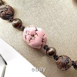 Vtg Bronze Chunky Pink Turquoise Bubble Filigree Rare Estate Necklace Choker D