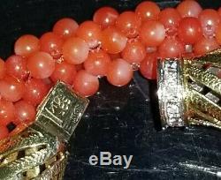 Vtg Chinese Woven Natural Coral Beads 14k Solid Gold Paved Diamond Necklace Rare