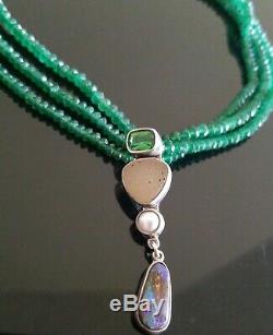 Vtg Echo Of The Dreamer 3 Strand Emerald Beads/gemstones Pendant Necklace Rare