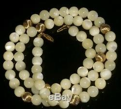 Vtg Moonstone Beads 8mm W 18k 750 Ball Beads Clasp Fine Gold Necklace 24rare
