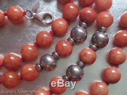 Vtg Rare Natural Orange Red Jade 925 Silver Bead Necklace 31.5 Signed GSJ 72g