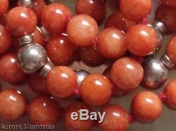 Vtg Rare Natural Orange Red Jade 925 Silver Bead Necklace 31.5 Signed GSJ 72g