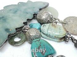 Vtg Sterling Silver Carved Jade brooch Turquoise Scarab Chinese beads/Charms B7