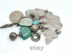 Vtg Sterling Silver Carved Jade brooch Turquoise Scarab Chinese beads/Charms B7
