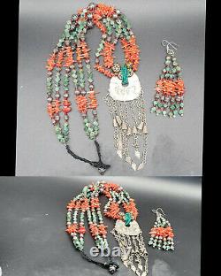 Wonderful Antique Stone Coral Rare Ancient Tribal Chinese Silver Necklace #a1400